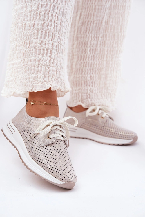 Skórzane Lekkie Półbuty Damskie Na Platformie Artiker 56C2113 Beżowo-Złote