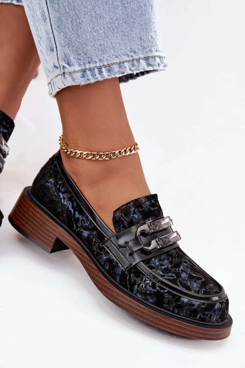 Skórzane Zamszowe Mokasyny Damskie Z Ozdobnym Detalem D&A MR52-178 Czarne