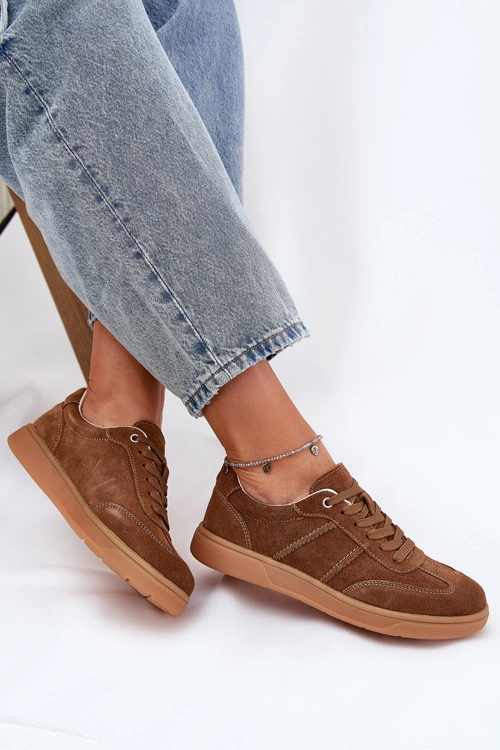 Zamszowe Niskie Sneakersy Damskie Brązowe Paliana