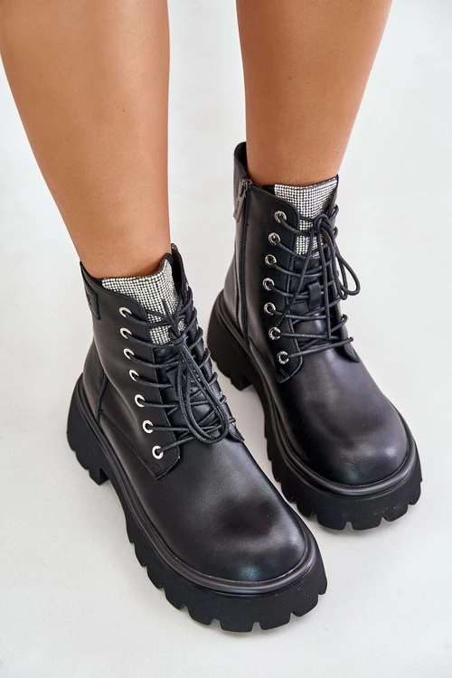 Ocieplane Skórzane Botki Workery Damskie Z Cyrkoniami GOE OO2N4125 Czarne