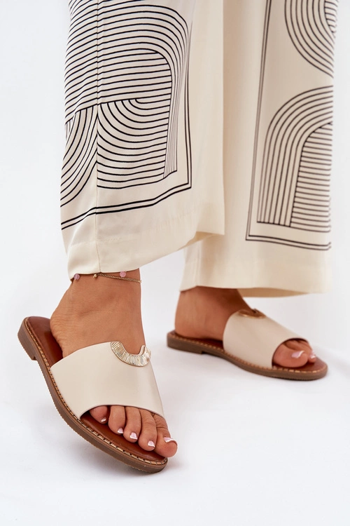 Klapki Damskie Eko Skórzane Z Ozdobnymi Detalami Beżowe Mevith