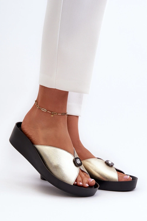 Skórzane Klapki Damskie Z Ozdobą Złote S.Barski KV27-027