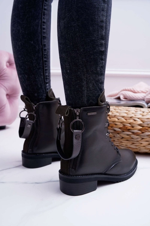 Damskie Botki Workery Big Star Skórzane Szare EE274507