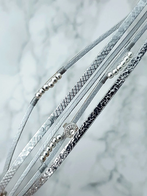 Damska Bransoleta Rzemień Srebrna Koraliki Michiko