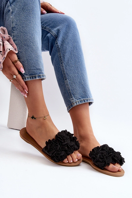 Damskie Klapki Z Kwiatkami Czarne Eelfan