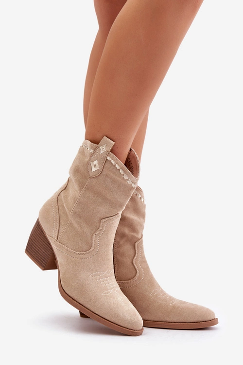 Botki Kowbojki Na Słupku Z Eko Zamszu Jasnobeżowe Narinae