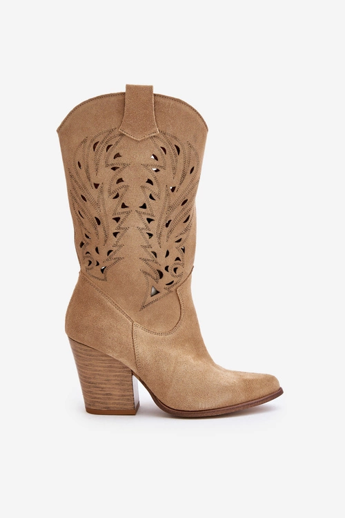 Ażurowe Kozaki Do Połowy Łydki Na Słupku Zamszowe Lewski 3609 Beżowe