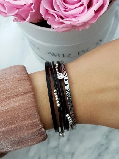 Damska Bransoleta Rzemień Czarna Koraliki Michiko