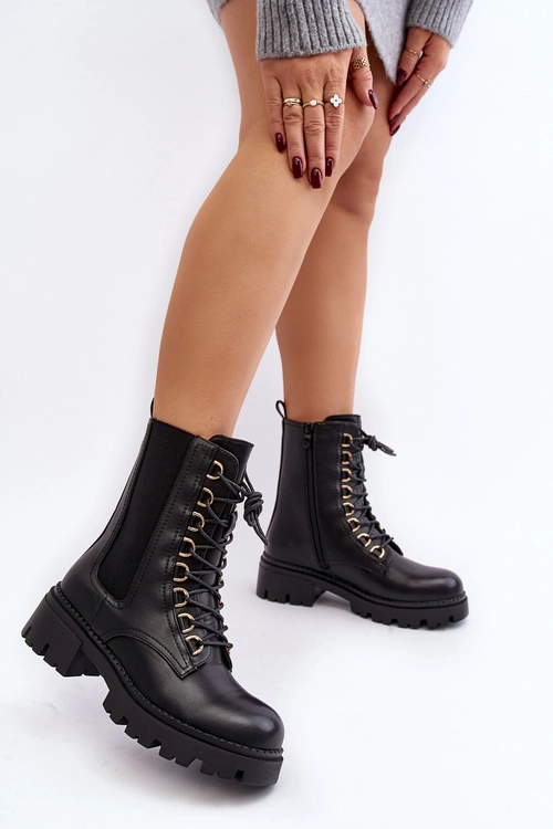 Skórzane Botki Workery Damskie Czarne Charmea