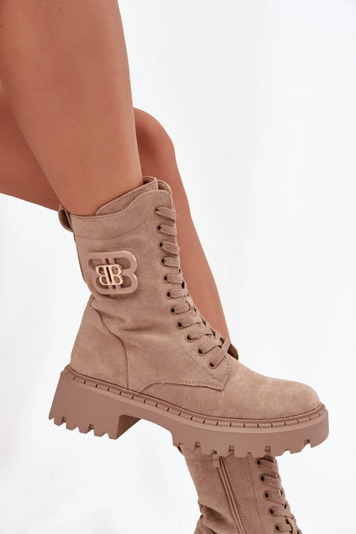 Botki Wokrery Damskie Z Ozdobnym Elementem Ocieplane Beżowe Kalindra