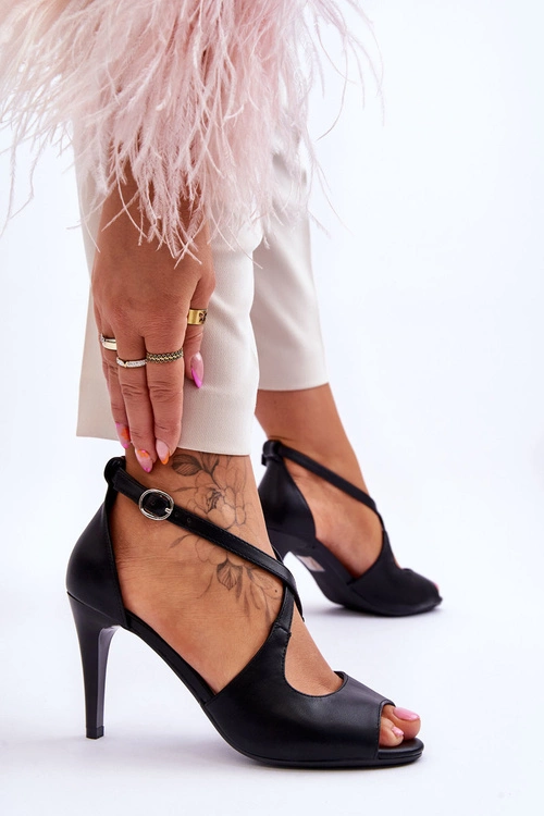 Modne Skórzane Sandałki Na Szpilce Sergio Leone SK429 Czarne