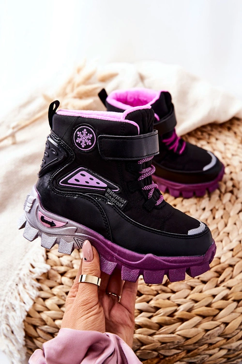 Dziecięce Ocieplane Śniegowce Botki Na Rzep Czarno-Różowe Tannis