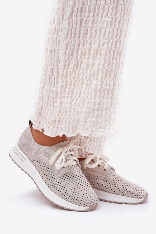 Skórzane Lekkie Półbuty Damskie Na Platformie Artiker 56C2113 Beżowo-Złote