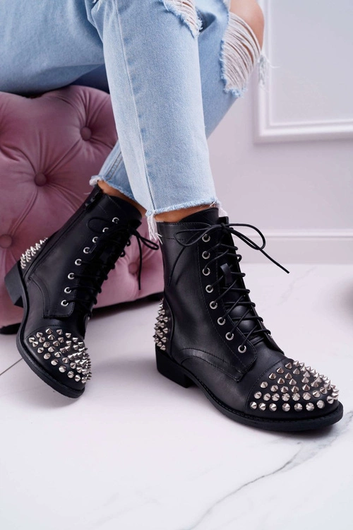 Damskie Botki Lu Boo Czarne Workery z Ćwiekami Tension