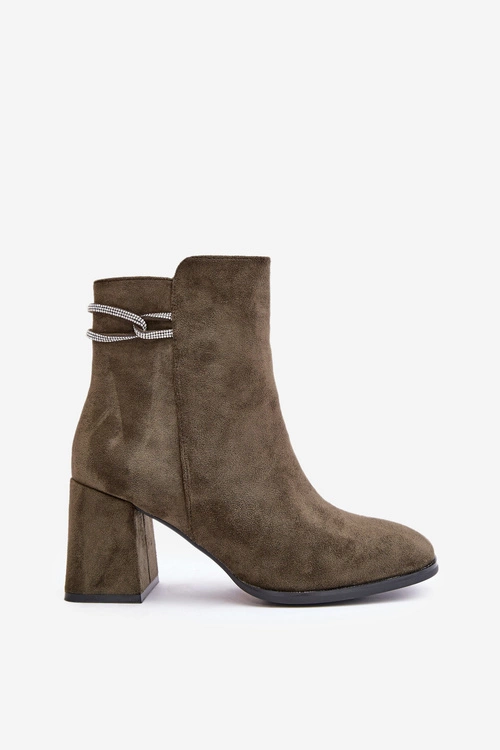 Ocieplane Botki Damskie Na Słupku Eko Zamszowe Ciemnozielone Saivia