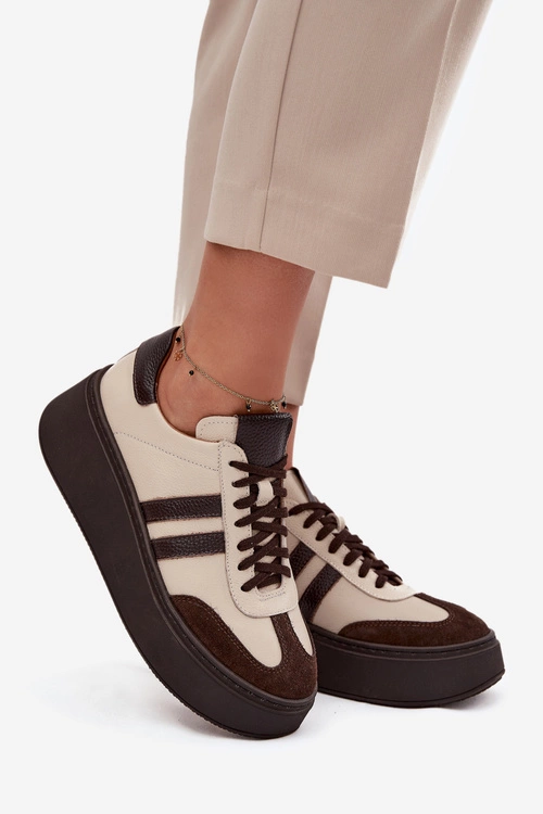 Skórzane Sneakersy Damskie Na Platformie Zazoo 3775 Beżowo-Czekoladowe