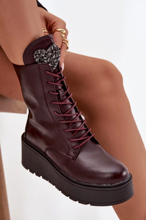 Skórzane Botki Damskie Z Ozdobą Ocieplane Bordowe Ulrika