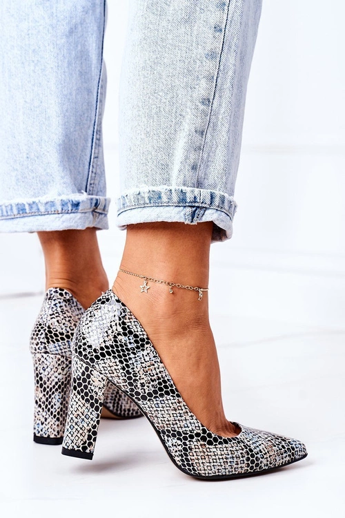 Skórzane Czółenka Ze Zwierzęcym Wzorem Lewski Shoes 2453 Czarno-Niebieskie