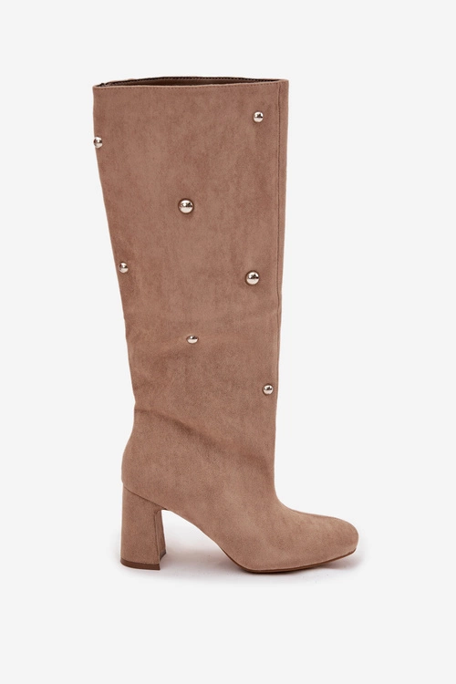 Kozaki Damskie Ocieplane Na Słupku Z Ozdobnymi Detalami Beżowe Lucinda