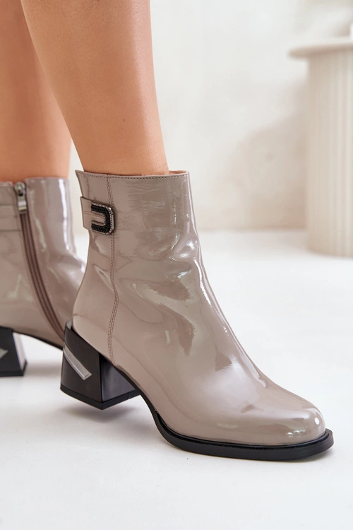 Lakierowane Botki Na Obcasie Ocieplane MR880-093 Szare