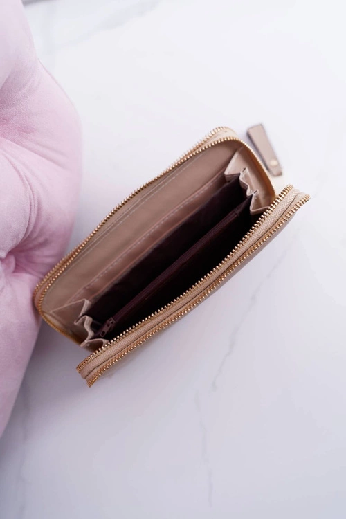 Portfel Damski Duży Beżowy Złoty Ozdobny Suwak