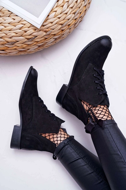 Botki Damskie Płaski Obcas Nubuk Czarne Nicole 2420