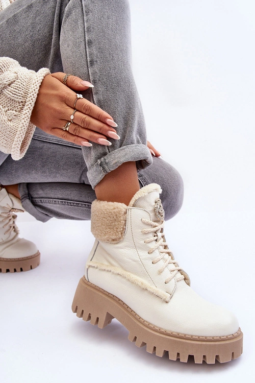 Damskie Skórzane Trapery Botki Kremowe Lemar Vergo