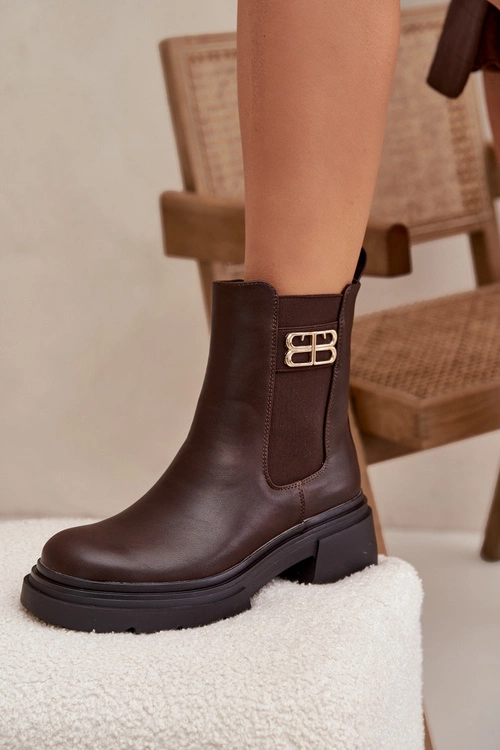 Botki Sztyblety Damskie Ze Złotym Detalem Ocieplane Brązowe Serene