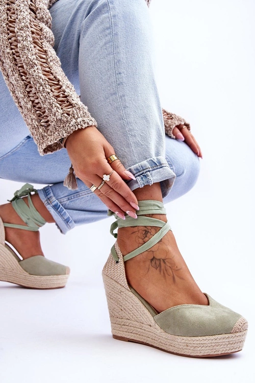 Damskie Wiązane Sandały Na Koturnie Zielone Bethany