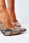 Skórzane Czółenka Ze Zwierzęcym Wzorem Lewski Shoes 2453 Czarno-Beżowe