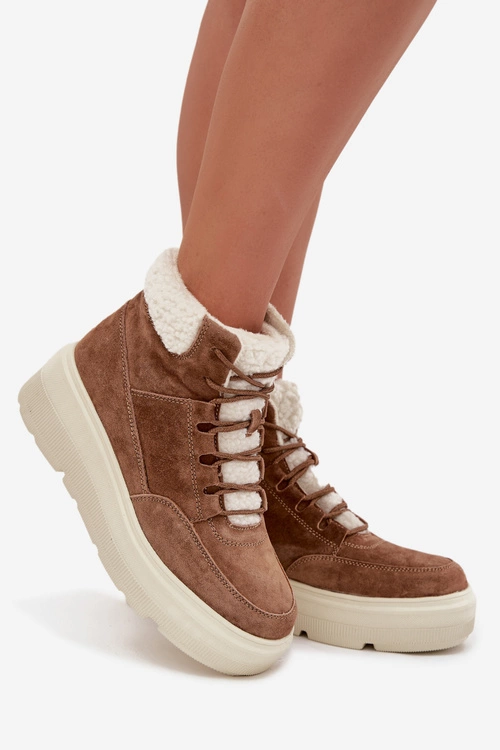 Zamszowe Śniegowce Damskie Z Kożuszkiem Na Platformie Vinceza 95354 Camel