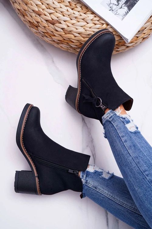 Damskie Botki Na Słupku Ocieplane Filcem Czarne Delia