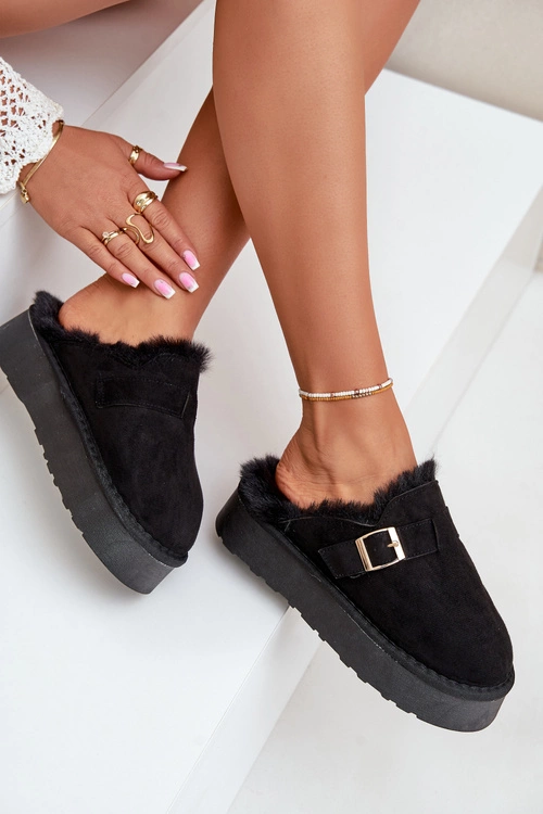 Kapcie Damskie Na Grubej Podeszwie Z Futerkiem I Klamrą Czarne Linneola