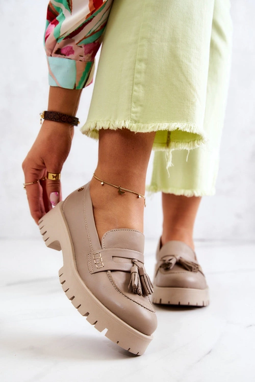 Damskie Skórzane Półbuty Frędzle Maciejka 05497-04 Beżowe