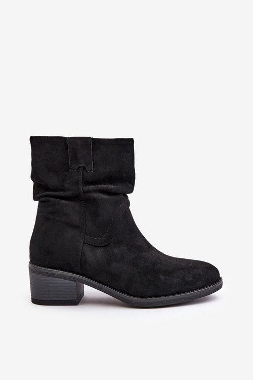 Ocieplane Botki Damskie Z Marszczoną Cholewką Na Niskim Obcasie Czarne Zinanya