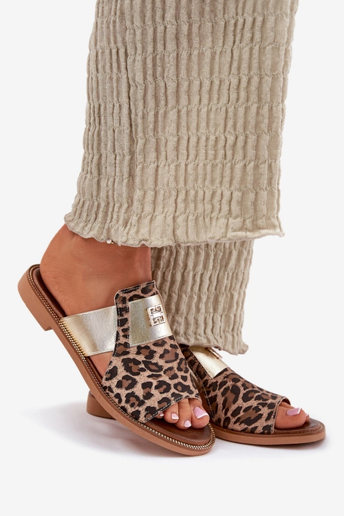 Eleganckie Klapki Ze Skóry Naturalnej Na Płaskim Obcasie Zazoo 40423 Panterka