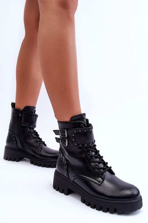 Skórzane Zdobione Botki Workery Czarne Carshena