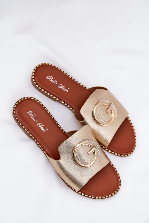 Eko Skórzane Płaskie Klapki Damskie Z Ozdobnym Detalem Złote Frelie