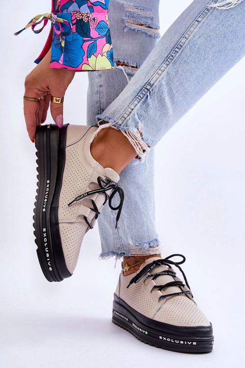 Skórzane Ażurowe Buty Sportowe Beżowe Leonor