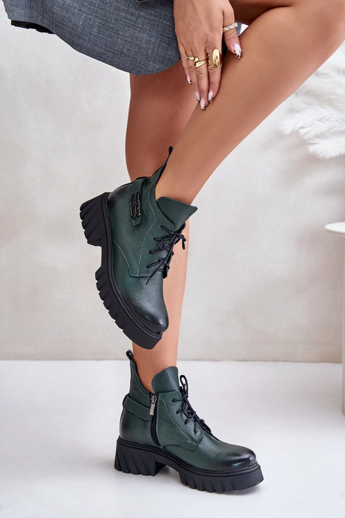Zazoo 60483 Damskie Skórzane Botki Z Niską Cholewką Ocieplane Ciemnozielone