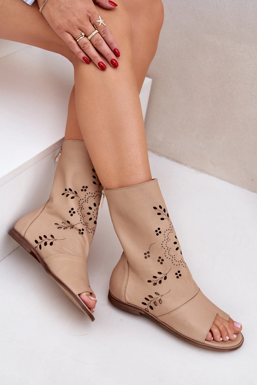 Zazoo 3437 Damskie Skórzane Sandały Z Cholewką Na Zamek Beżowe