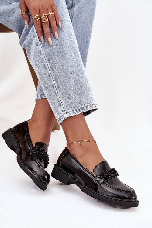 Mokasyny Damskie Lakierowane Z Koralikami S.Barski HY52-541 Czarne