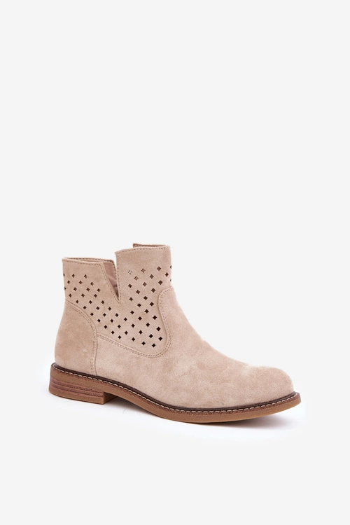 Botki Na Płaskim Obcasie Z Ażurową Cholewką Jasnobeżowe Elivaya