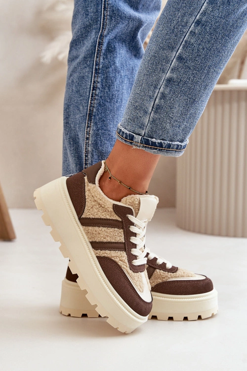 Ocieplane Sneakersy Damskie Na Platformie Z Kożuchem Brązowe Daivlene