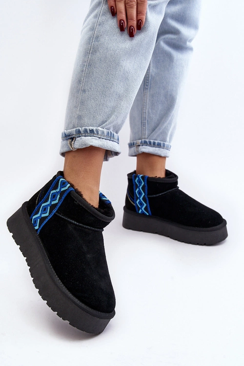 Skórzane Zamszowe Śniegowce Damskie Na Grubej Podeszwie Czarne Vebissat