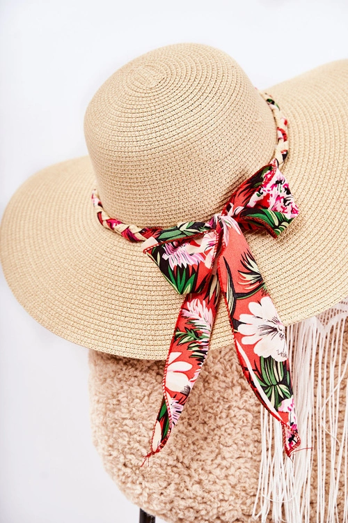 Damski Kapelusz Z Czerwonym Paskiem Beżowy Marsela