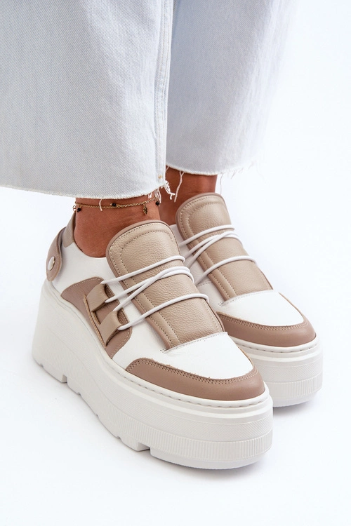 Zazoo 1833 Sneakersy Damskie Skórzane Na Masywnej Podeszwie Beżowo-Białe