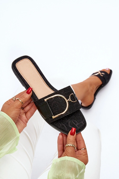 Błyszczące Klapki Damskie Z Ozdobą Czarne Taleci