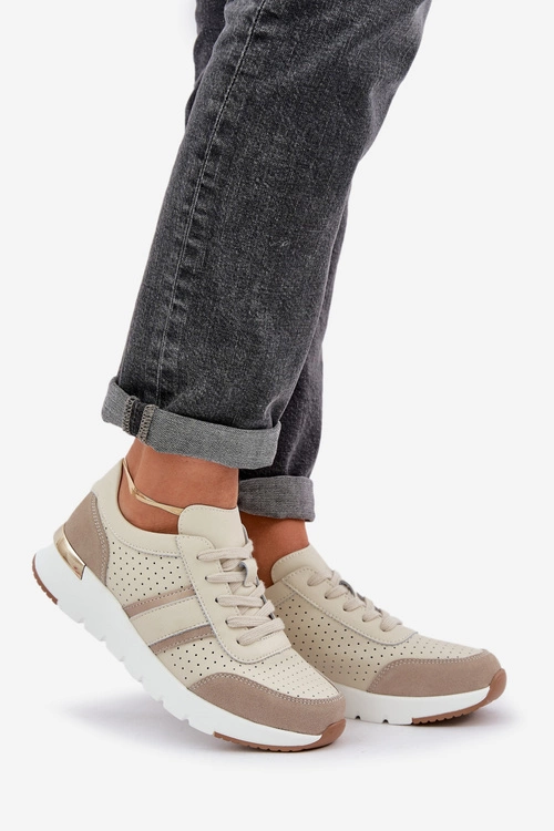 Skórzane Lekkie Sneakersy Buty Sportowe Damskie Beżowe Norlexia