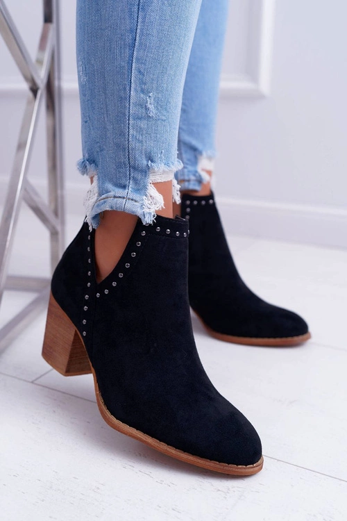 Botki Damskie Na Słupku Wsuwane z Wycięciami Czarne ManiMani